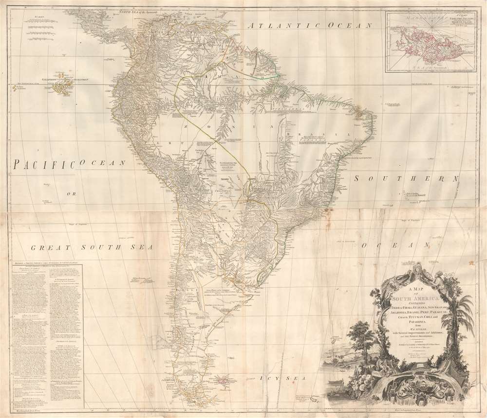 A Map of South America containing Tierra-Firma, Guayana, New Granada, Amazonia, Brasil, Peru, Paraguay, Chaco, Tucuman, Chili and Patagonia from M. D'Anville with Several Improvements and Additions, and The Newest Discoveries. - Main View