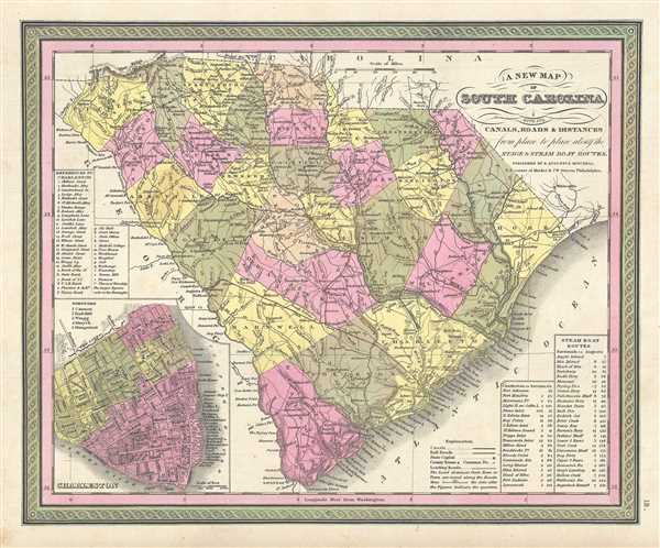 A New Map of South Carolina with its Canals, Roads and Distances from place to place, along the Stage and Steam Boat Routes. - Main View