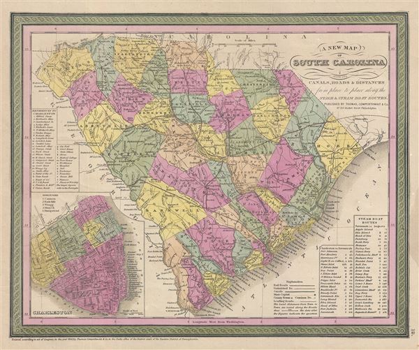 A New Map of South Carolina with its Canals, Roads & Distances from place to place along the stage & steam boat routes. - Main View