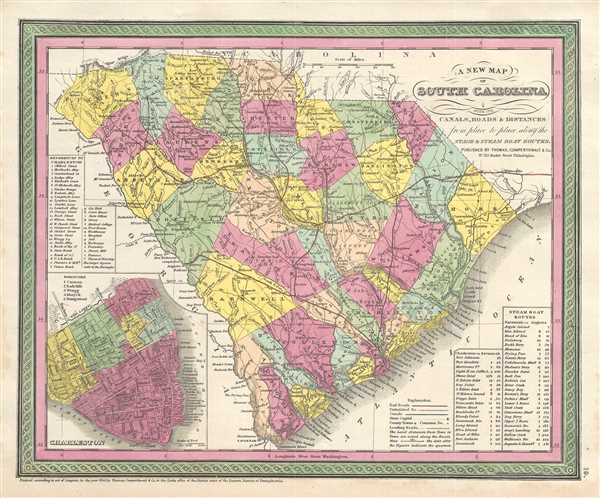 A New Map of South Carolina with its Canals, Roads & Distances from place to place along the stage & steam boat routes. - Main View