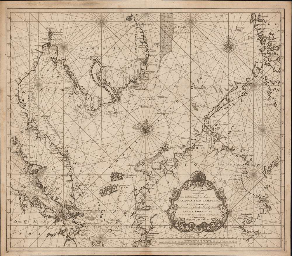 Nieuwe Caart strekkende van Banca, langs de kusten van Malacca, Siam, Cambodia, Cochinchina, als meede een gedeelte van de Eylanden Luçon, Borneo, et c. met alle dresslss Havens, Dieptens en Ankergronden. - Main View