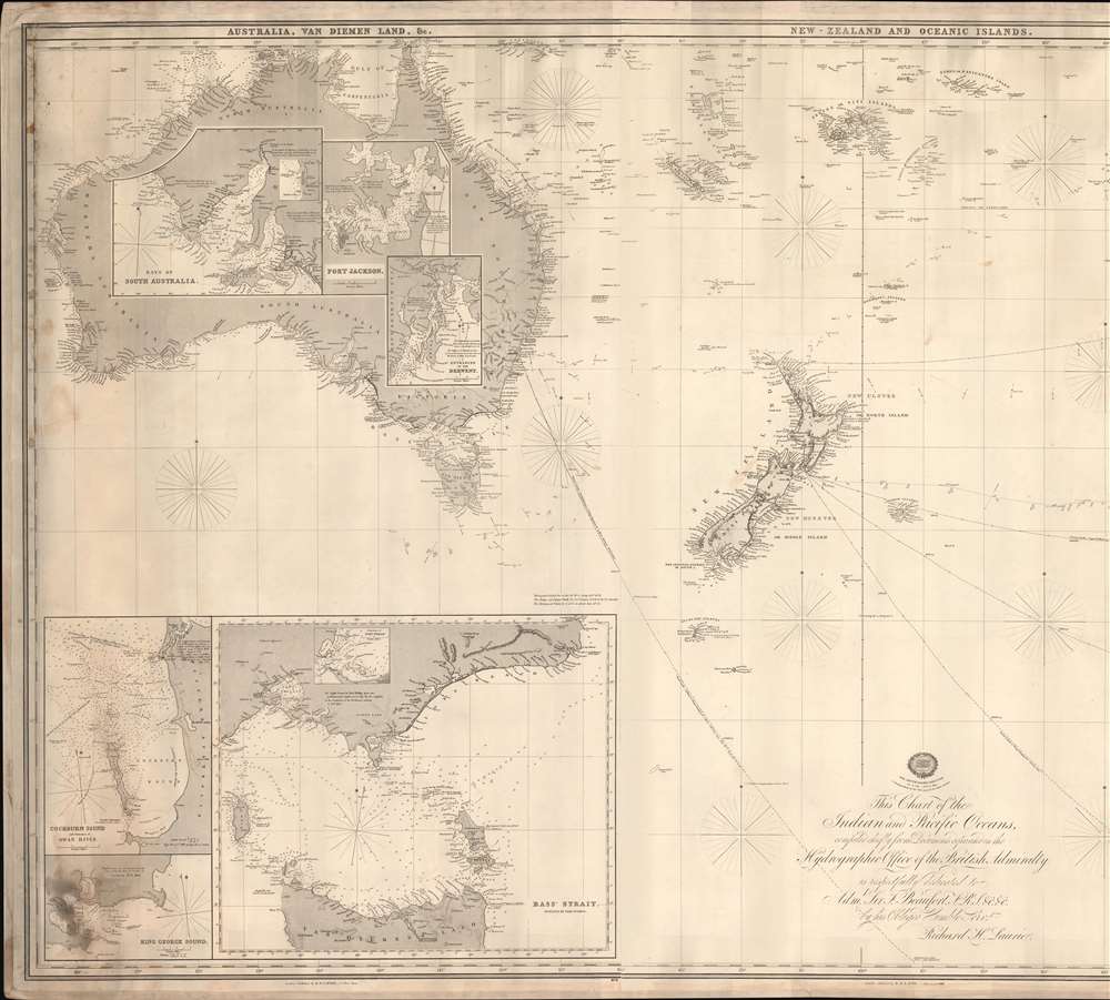 This Chart of the Indian and Pacific Oceans, compiled chiefly from Documents deposited in the Hydrographic Office of the British Admiralty is respectfully dedicated to Adm. Sir. F. Beaufort, F. R. L. ... - Alternate View 2