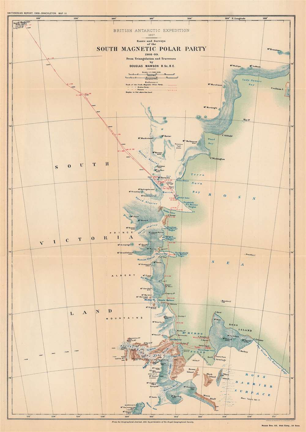 British Antarctic Expedition, 1907 : route and surveys of the South Magnetic Polar Party, 1908-09: from triangulation and traverses. - Main View