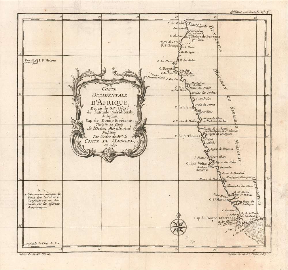 Coste Occidentale D'Afrique, Depuis le XI.e Dégré de Latitude Méridionale, Jusqu'au Cap de Bonne Espérance: Tirée de la Carte de l'Ocean Méridional Publiée Par Ordre de MGR. le Comte De Maurepas en 1739. - Main View