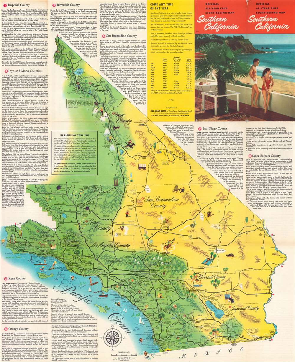 1953 All-Year Club Pictorial Tourist Map of Southern California