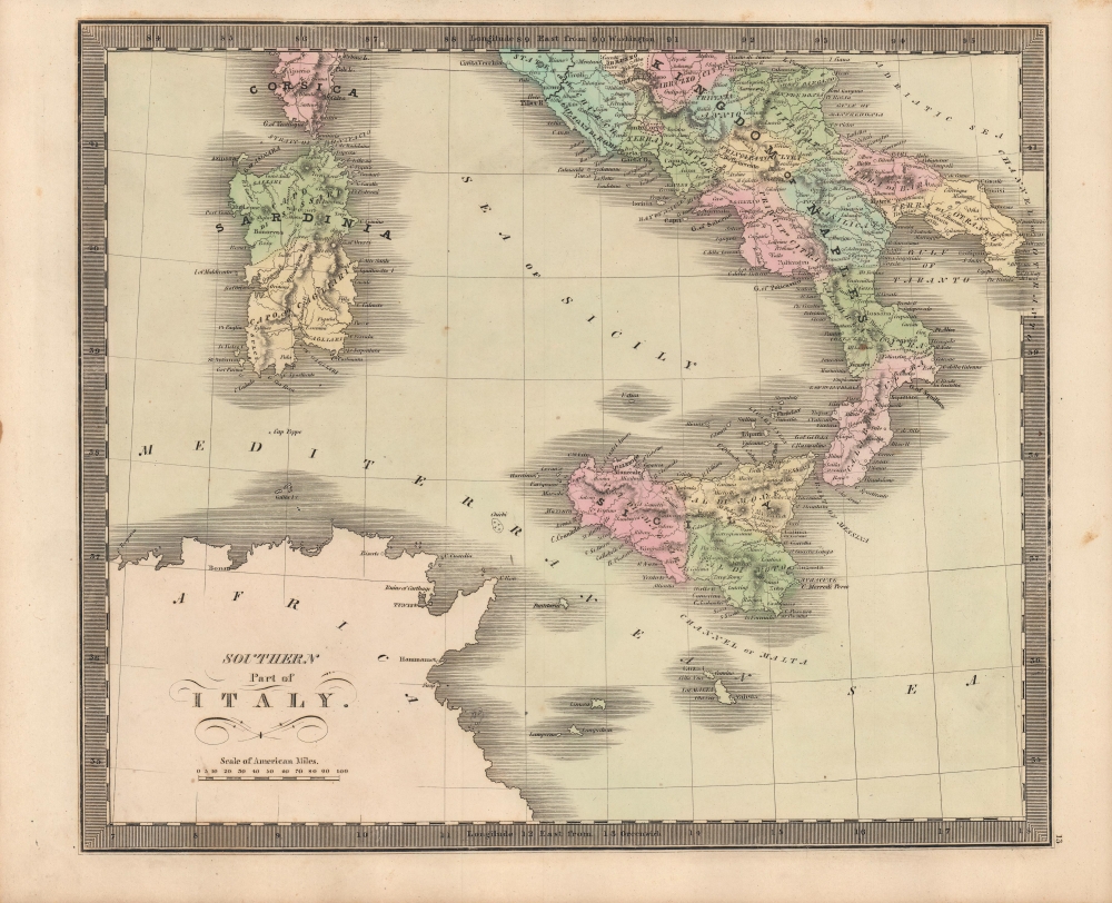 1849 Greenleaf Map of Southern Italy, including Sardinia