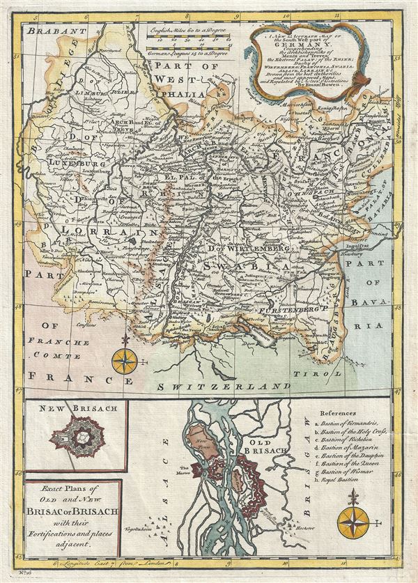 A New and Accurate Map of the South West part of Germany. Comprehending the Archbishoprics of Mentz and Treves, the Electoral Palat, of the Rhine, Duchy of Wirtemberg, Franconia, Swabia, Alsace, Lorrain etc.  - Main View