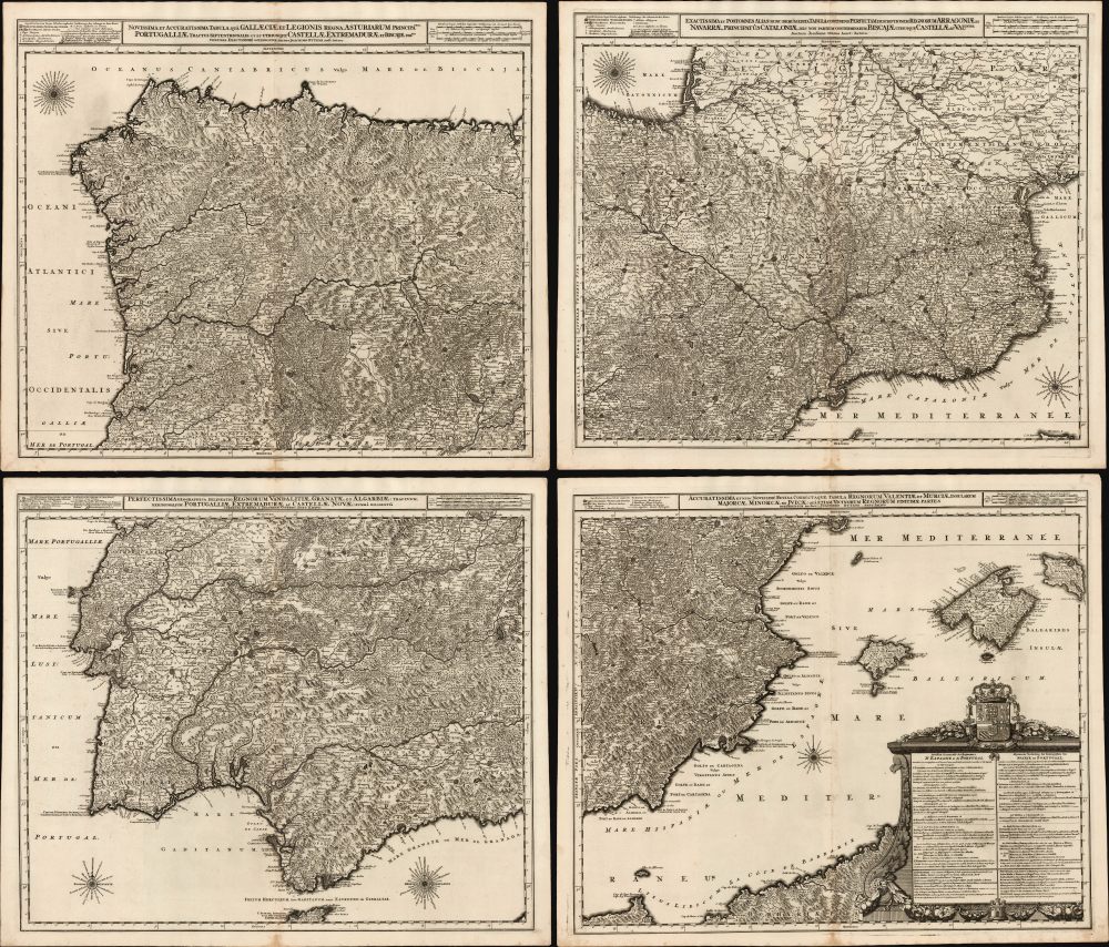 1700 / 1719 Joachim Ottens Four-Sheet Map of Spain and Portugal