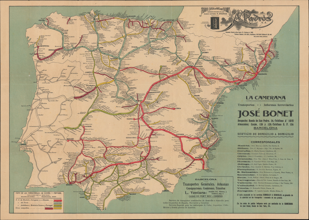 1930 Guia Rich Railway Map of Spain and Portugal