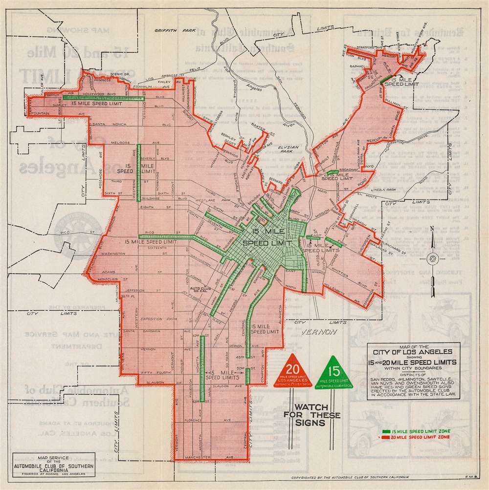 Map of the City of Los Angeles Showing 15 and 20 Mile Speed Limits Within City Boundaries. - Main View