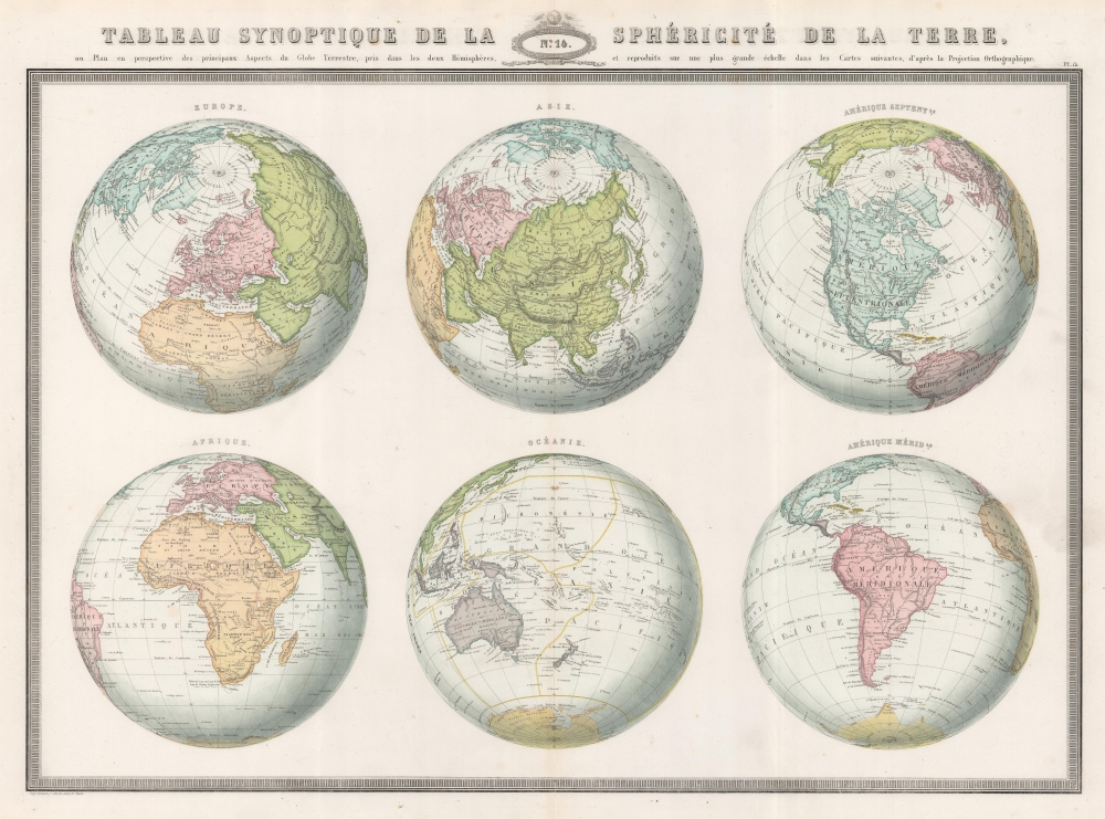 Tableau Synoptique de la Sphéricité de la Terre ou Plan en perspective des principaux Aspects du Globe Terrestre, pris dans les deux Hémisphères, et reproduits sur une plus grande échelle dans les Cartes suivantes, d'après la Projection Orthographique. - Main View