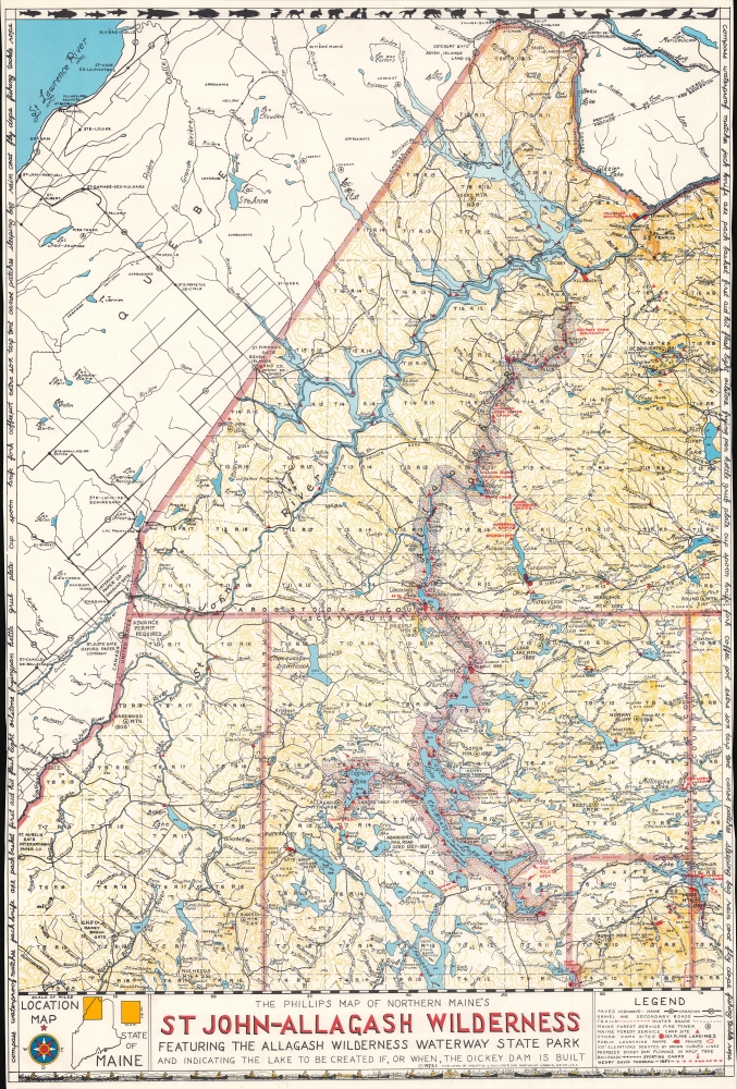 The Phillips Map of Northern Maine's St John - Allagash Wilderness Featuring the Allagash Wilderness Waterway State Park and Indicating the Lake to be Created If, or When, the Dickey Dam is Built. - Main View