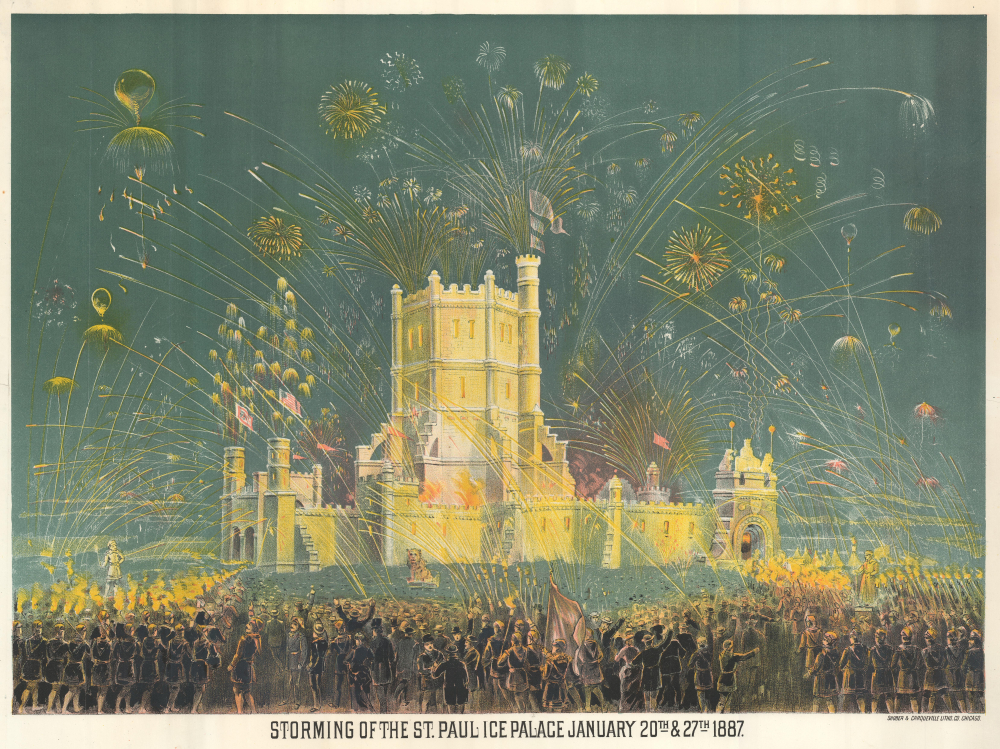 1887 Shober and Carqueville Chromolithograph View of the Storming of the St. Paul Ice Palace