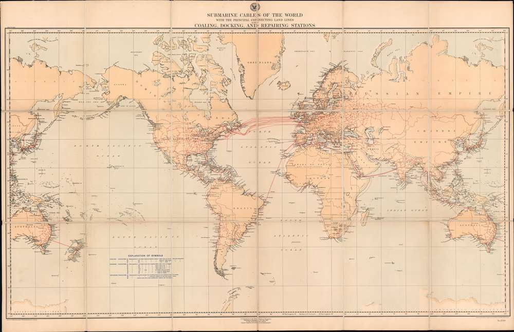 Submarine Cables of the World with the Principal Connecting Land Lines also Coaling, Docking, and Repairing Stations. - Main View