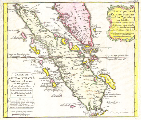 Karte von Dem Eylande Sumatra nach den Tagebuchern der Schiffer / Carte de l’Isle de Sumatra Drefsee sur les Journaux des Navigatuers. - Main View