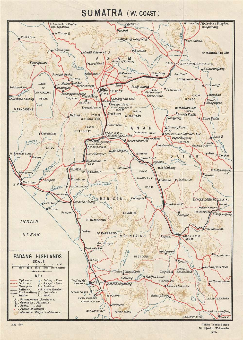 1920 Dutch East Indies Tourist Bureau Map of the Padang Highlands in Sumatra