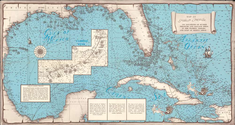 Map of Sunken Treasure. 141 Locations of Sunken Treasure and Salvage Ships in the Florida, Bahama, and Gulf of Mexico Areas. - Main View