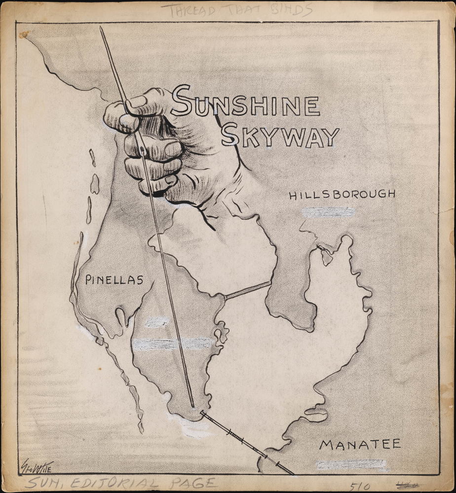 1954 White Manuscript Cartoon, Sunshine Skyway Bridge, Tampa Bay, Florida