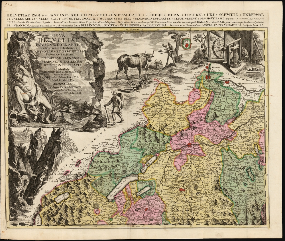 Nova Helvetiae Tabula Geographica Illustrissimis et Potentissimis Cantonibus et Rebuspublicis Reformatae Religionis Tigurinae, Bernensi Scaphusianae, Abbatis Cellanae... - Alternate View 2