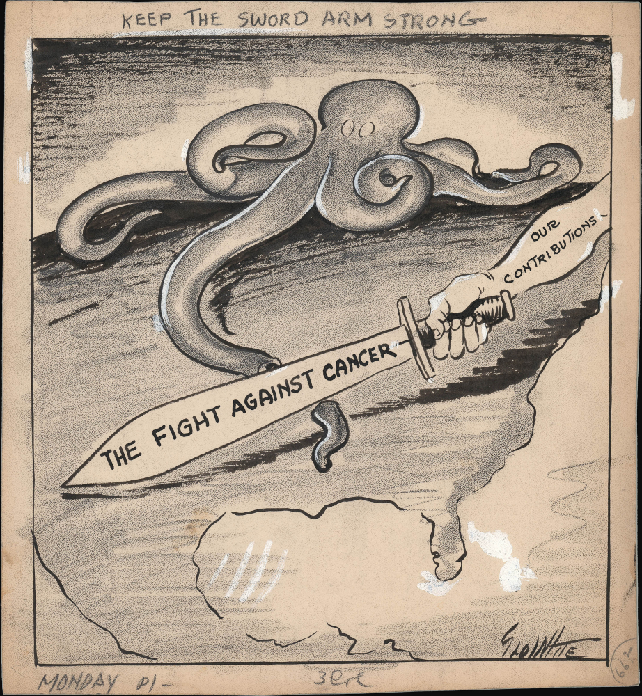 1952 White Manuscript Political Cartoon, Early Anti-Cancer Campaign