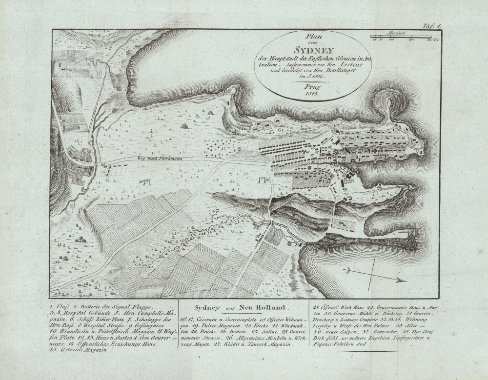 Plan von Sydney der Hauptstadt der Englischen Colonien in Australien. Aufgenommen von Hrn. Lesueur; und berichtigt von Hrn Boullanger i. J. 1802. - Main View
