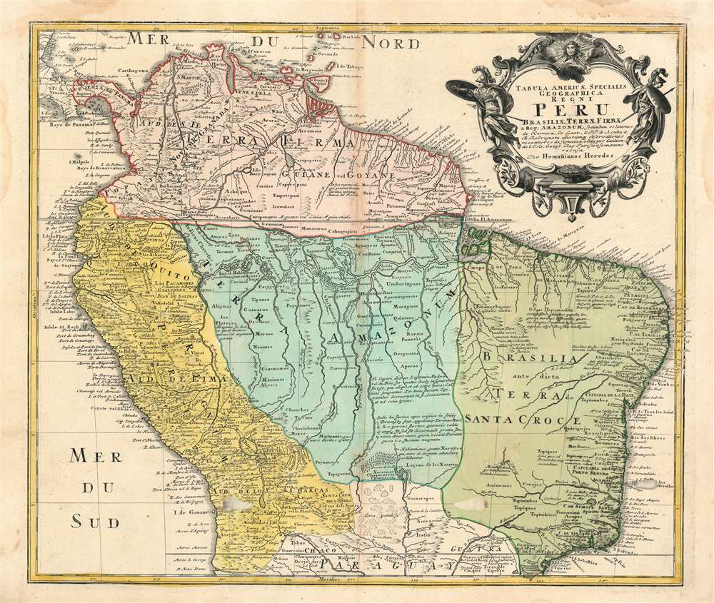 Tabula Americae Specialis Geographica Regni Peru Brasiliae, Terrae Firmae, and Reg: Amazonum. - Main View