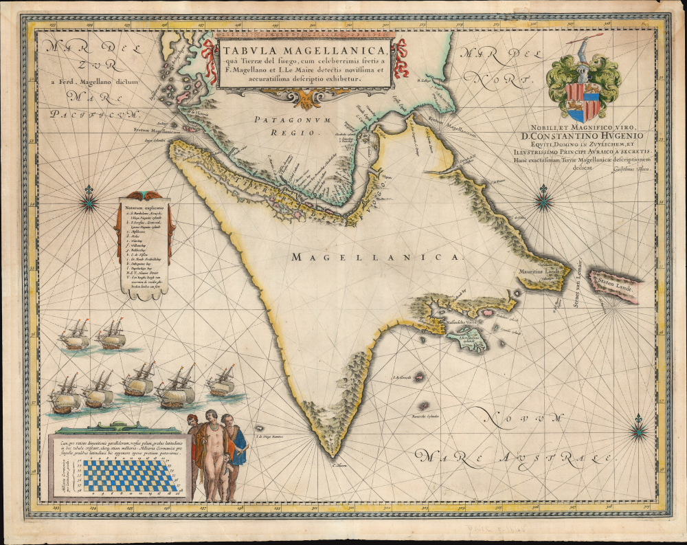 1635 Blaeu Map of Tierra del Fuego and the Straits of Magellan, Chile, South America
