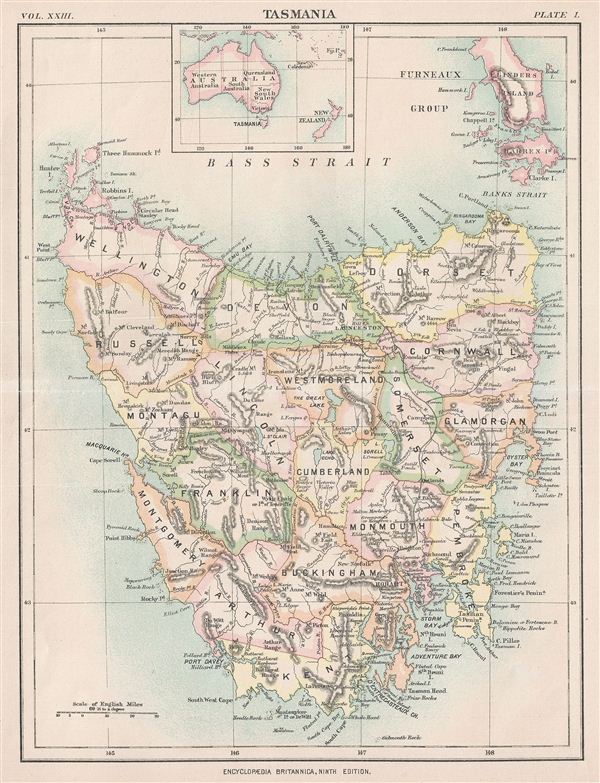 1888 Encyclopedia Britannica Map of Tasmania, Australia