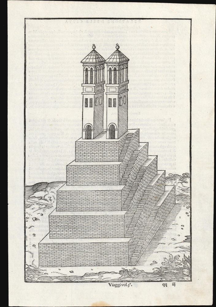 1556 / 1565 Giovanni Battista Ramusio Woodcut of the Great Temple of Tenochtitlan (Mexico)