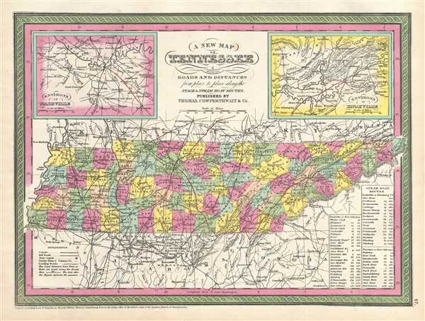 A New Map of Tennessee with its Roads and Distances from place to place along the Stage and Steam Boat Routes. - Main View