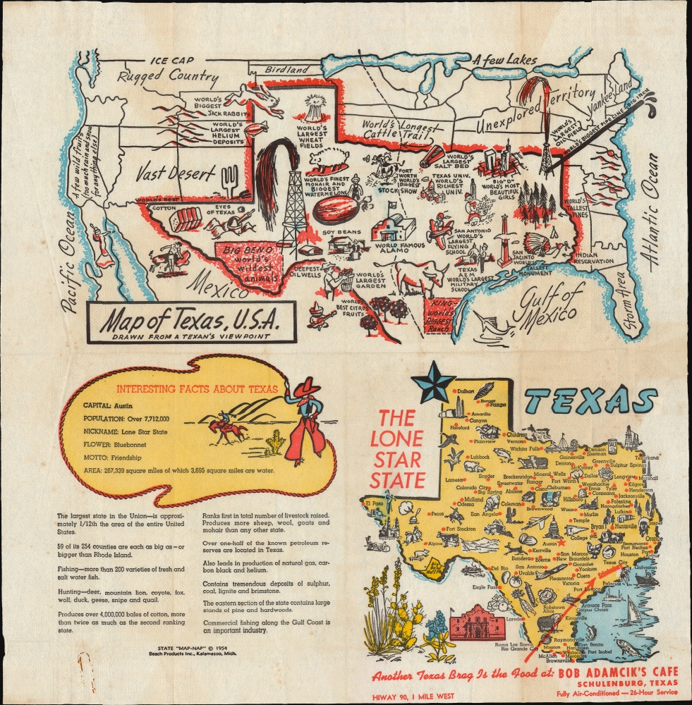 1954 Beach Products State 'Map-Nap' of Texas