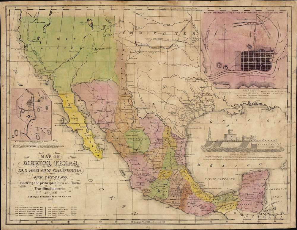 Map of Mexico, Texas, Old and New California, and Yucatan. Showing the principal Cities and Towns, Travelling Routes and c. - Main View