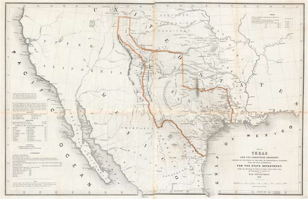 Map of Texas and the Countries Adjacent: Compiled in the Bureau of the Corps of Topographical Engineers; From The Best Authorities, for the State Department, Under the Direction of Colonel J. J. Albert, Chief of the Corps; by W. H. Emory, 1St. Lieut. T.E. - Main View