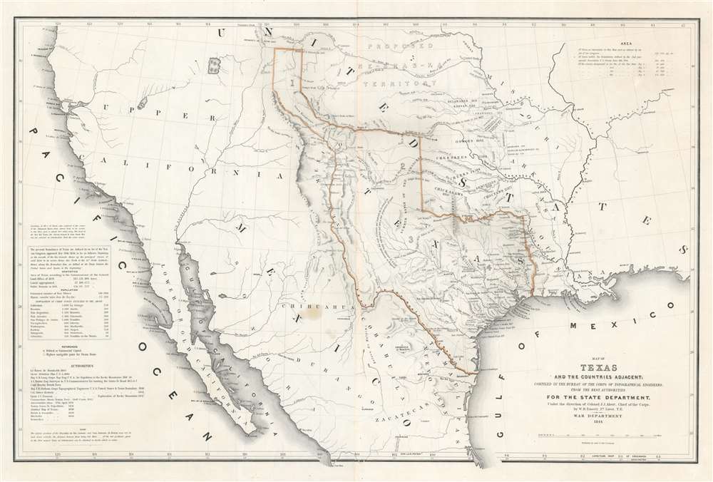 Map of Texas and the Countries Adjacent: Compiled in the Bureau of the Corps of Topographical Engineers; From The Best Authorities, for the State Department, Under the Direction of Colonel J. J. Abert, Chief of the Corps; by W. H. Emory, 1St. Lieut. T.E. - Main View