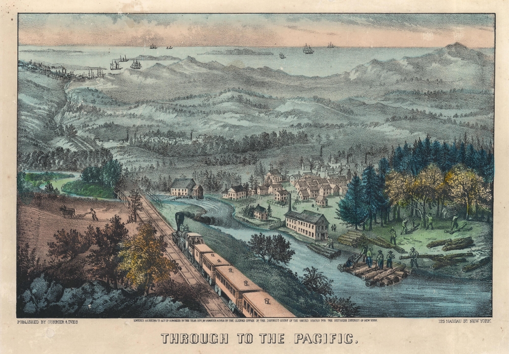 1870 Currier and Ives Lithograph View of a Railroad Heading to San Francisco
