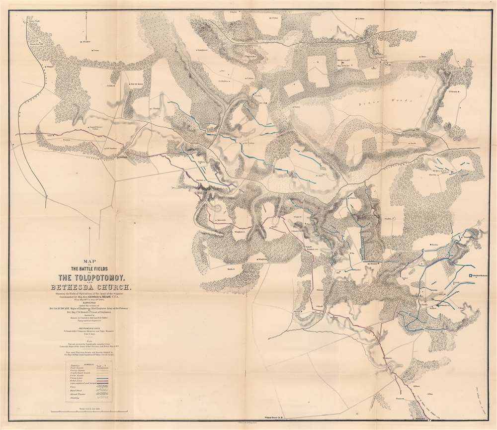 Map of the Battlefields of The Tolopotomoy and Bethesda Church Showing the Field of Operations of the Army of the Potomac Commanded by Maj. Gen. George G. Meade U.S. Army From May 28th to June 2nd 1864. - Main View