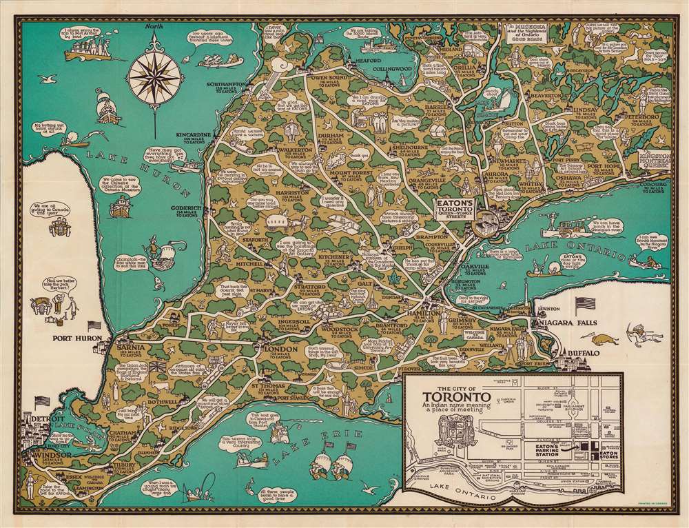 1926 Eaton Pictorial Folding Map of Toronto and Environs