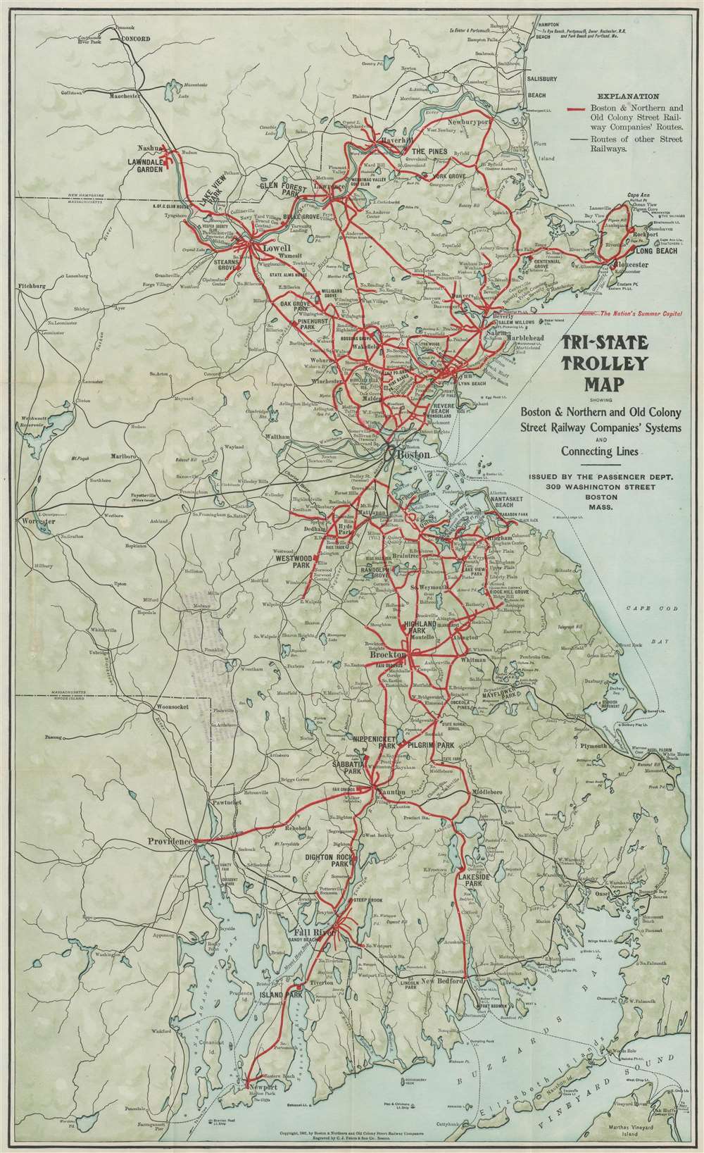 Tri-State Trolley Map Showing Boston and Northern and Old Colony Street Railway Companies' Systems and Connecting Lines. - Main View