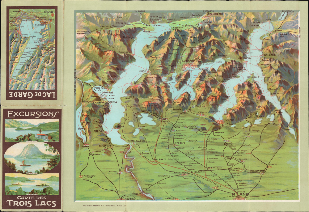 1937 Testoni Map of Lakes Maggiore, Lugano, and Como, Switzerland, Italy