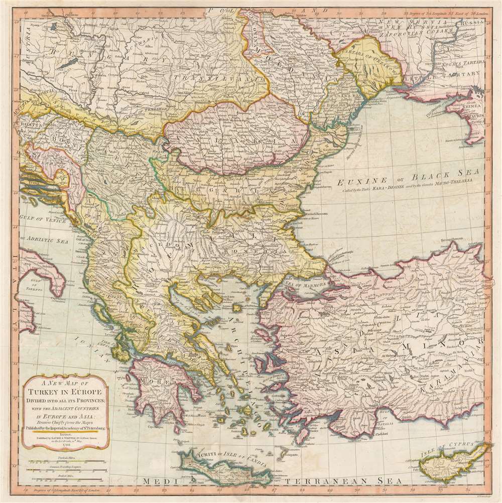 A New Map of Turkey in Europe Divided into all its Provinces' with the Adjacent Countries in Europe and Asia: Drawn Chiefly from the Maps Published by the Imperial Academy of St. Petersburg. - Main View