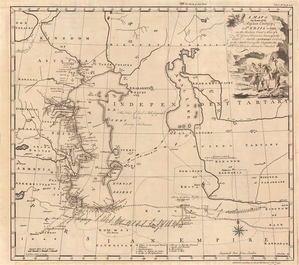 A Map of the Routs of the Russian Embassy to Persia in 1746, also of Mr. George Thompson's journey on the East and the author's travels on the South coast of the Caspian sea, with Mr. Van Mierop's Journey to Mesched. - Main View