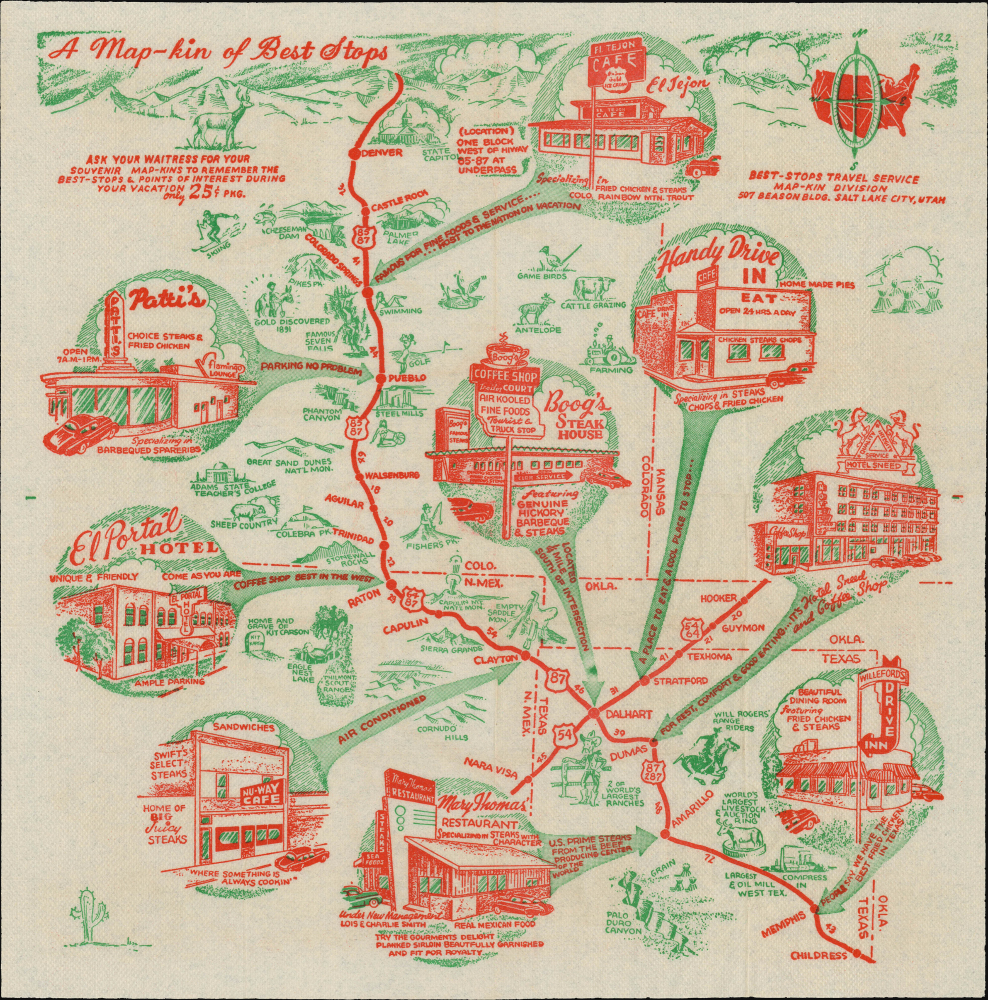 1953 Pictorial Tourist Map of Routes 87 and 54 in Colorado, New Mexico, Texas and Oklahoma