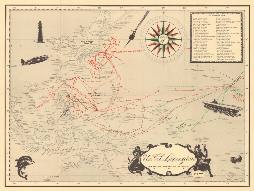 1945 Dunn World War II Route Map of the U.S.S. Lexington in the Pacific Theater