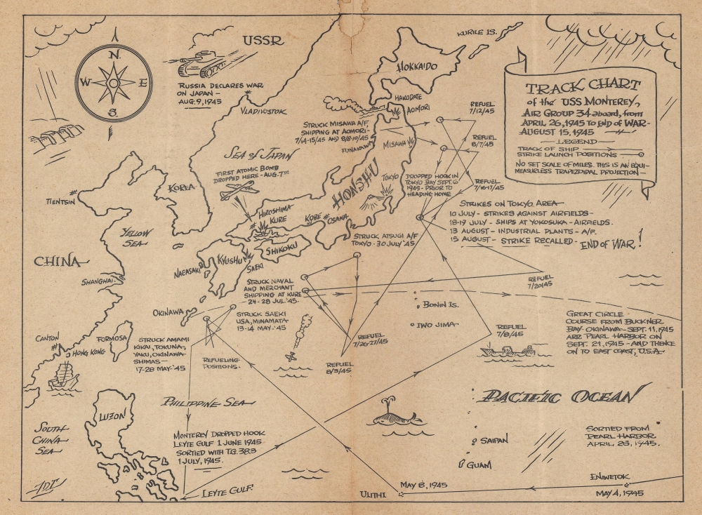 Track Chart of the USS Monterey, Air Group 34 aboard, from April 26, 1945 to End of War - August 15, 1945. - Main View