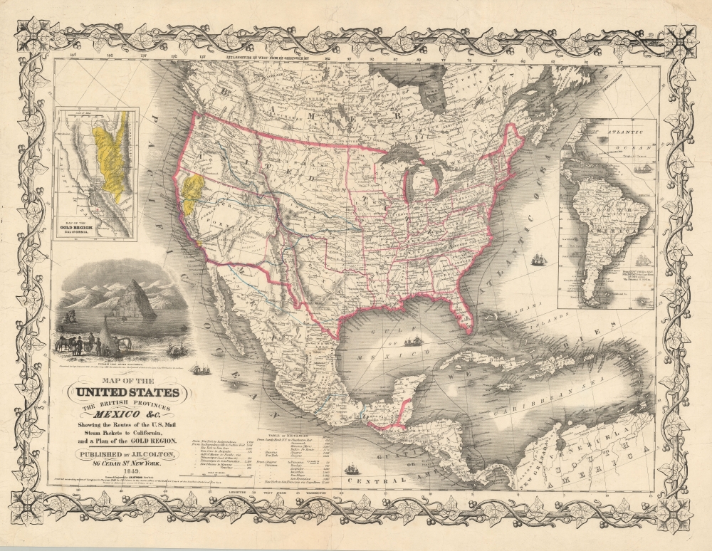 Map of the United States The British Provinces Mexico and c. Showing the Routes of the U.S. Mail Steam Packets to California and a Plan of the Gold Region. - Main View