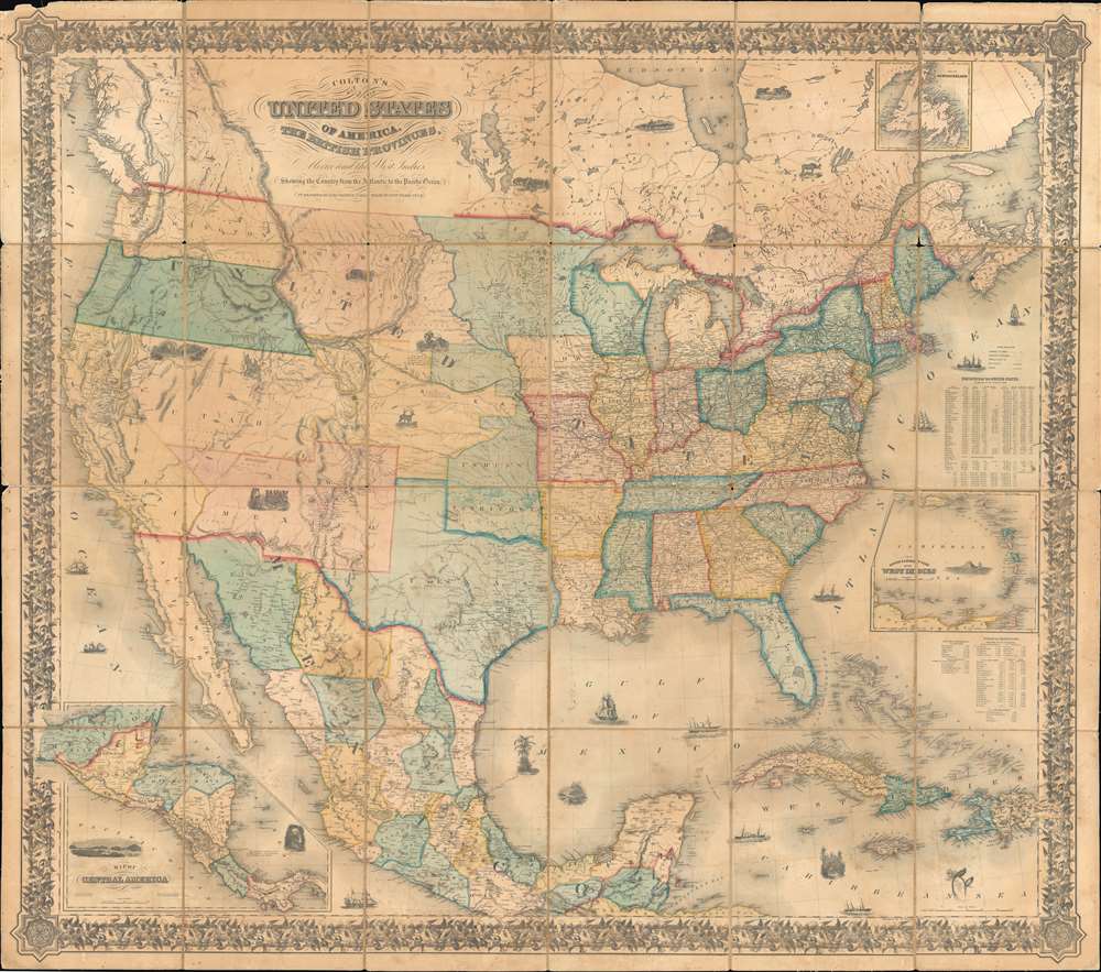 Colton's map of the United States of America, the British provinces, Mexico and the West Indies. Showing the country from the Atlantic to the Pacific Ocean. - Main View