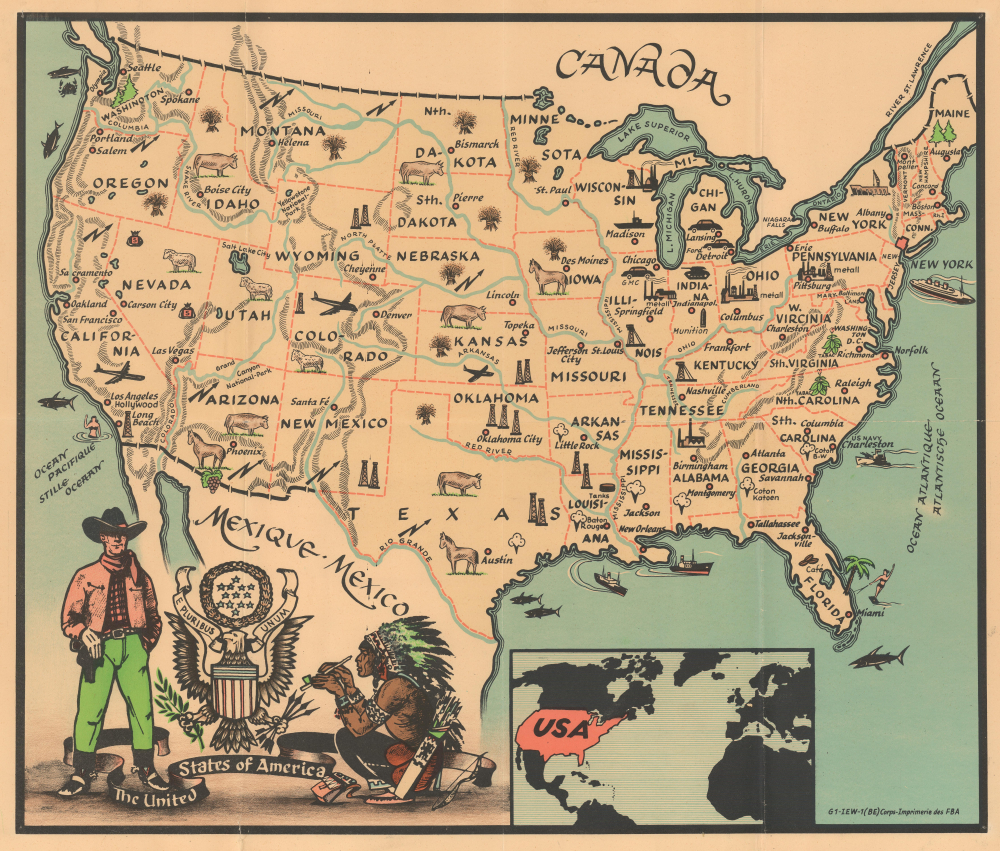 1957 Forces Belges en Allemagne Pictorial Map of the United States