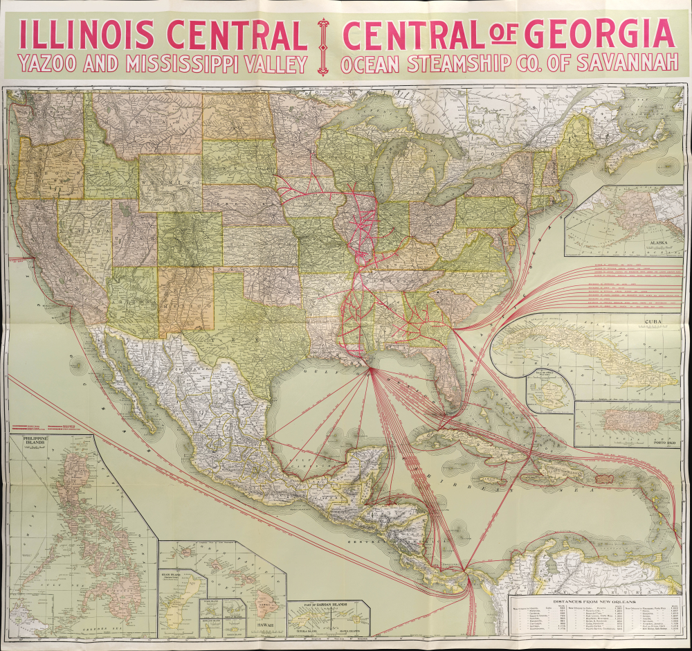1922 Poole Bros. Wall Railroad Map of the United States, Illinois Central Railroad