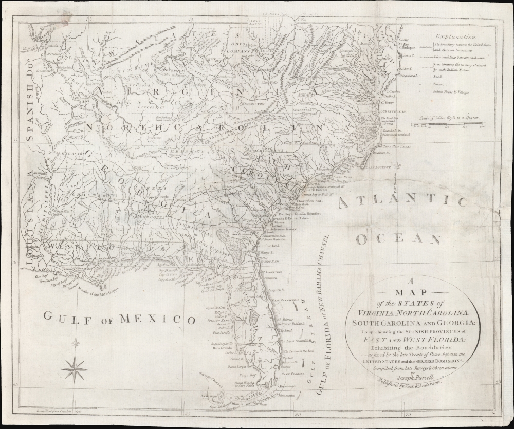 A Map of the States of Virginia, North Carolina, South Carolina and Georgia; Comprehending the Spanish Provinces of East and West Florida: Exhibiting the Boundaries as fixed by the late Treaty of Peace between the United States and the Spanish Dominions. - Main View