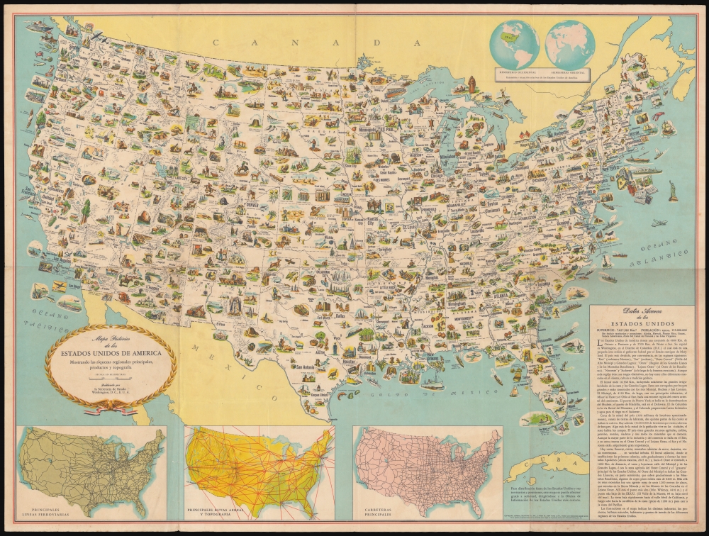 Mapa pictórico de los Estados Unidos de América: mostrando las riquezas regionales principales, productos y topografía. - Main View